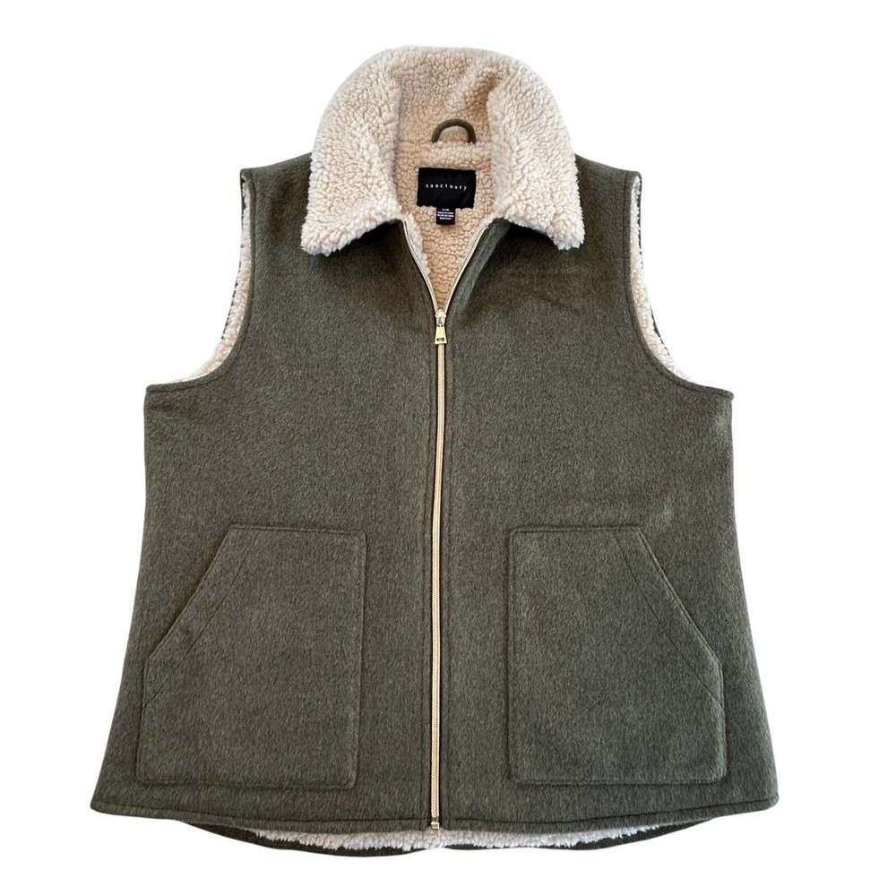 NWT Sanctuary Sherpa Lined Vest Olive Green Zip Front Pockets Women's Size XL